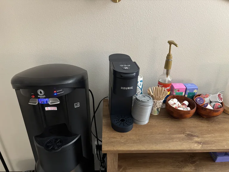 Complimentary coffee, tea, and water station for clients at the Littleton counseling office