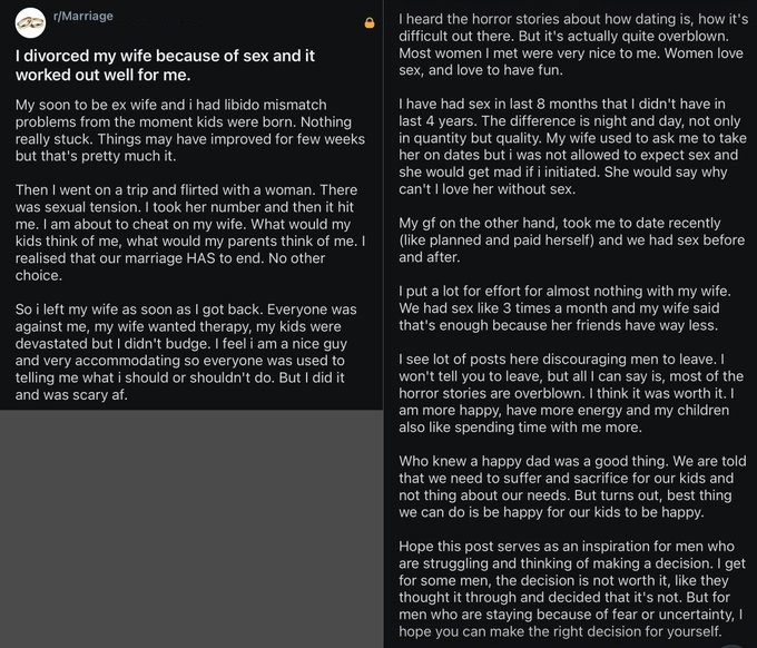 Screenshot of a Reddit post in r/Marriage titled "I divorced my wife because of sex and it worked out well for me," with the poster's username removed